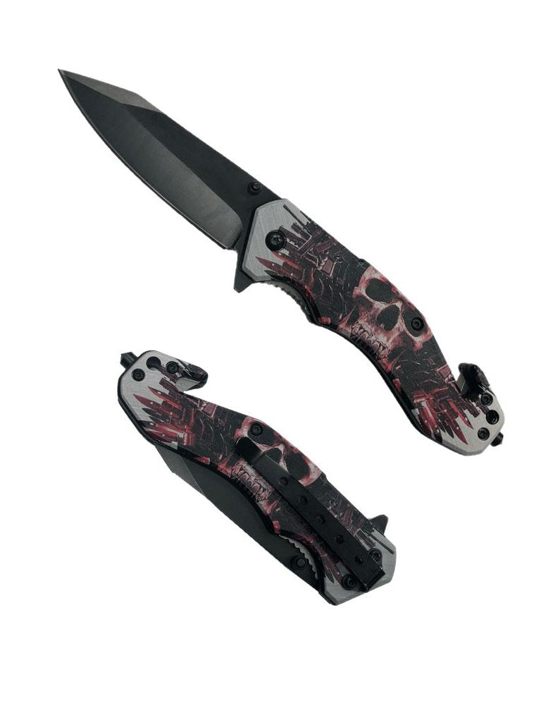 8″ UV Skull Printed ABS Spring Assisted Folding Knife -T27019-2