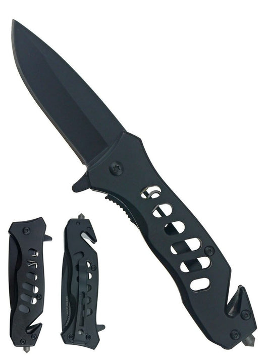 6.5" Overall Spring Assisted Knife W/Seat Belt Cutter And Window Breaker Matte Black Coated - T27033BK