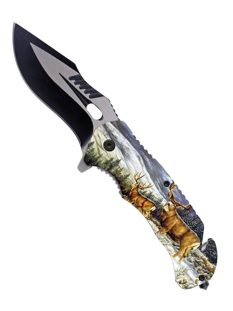 8" Spring Assisted Knife Deer Design on ABS UV Printed Handle - T27104-3