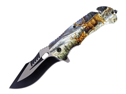 8" Spring Assisted Knife Deer Design on ABS UV Printed Handle - T27104-3