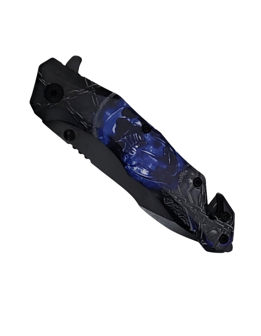 8″ UV Blue Skull Printed ABS Spring Assisted Folding Knife -T271213-1