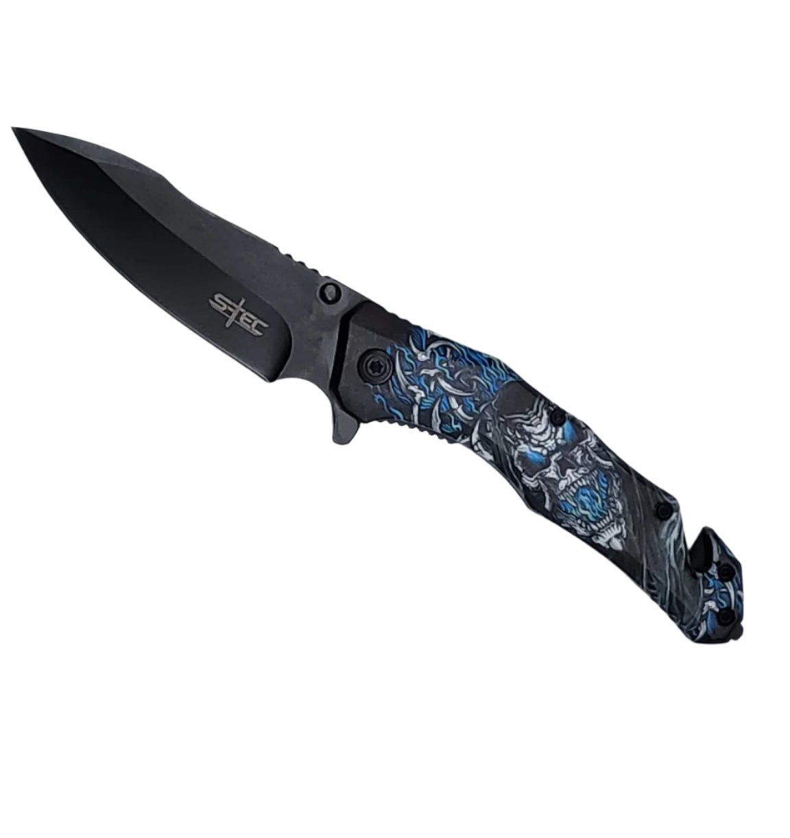 8″ UV Blue Flame Skull Printed ABS Spring Assisted Folding Knife -T271213-4