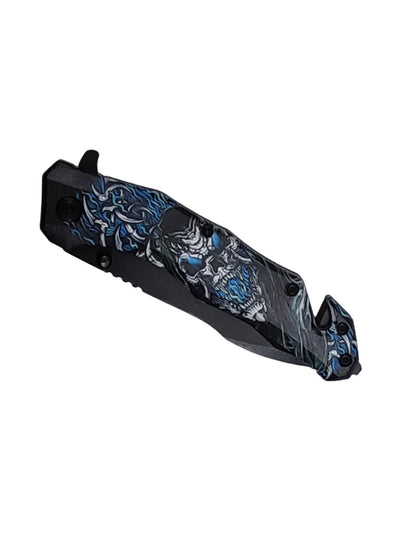 8″ UV Blue Flame Skull Printed ABS Spring Assisted Folding Knife -T271213-4