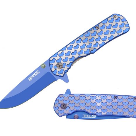 8″ Spring Assisted Folding Knife Silver Handle with Blue Heart -T271406BL