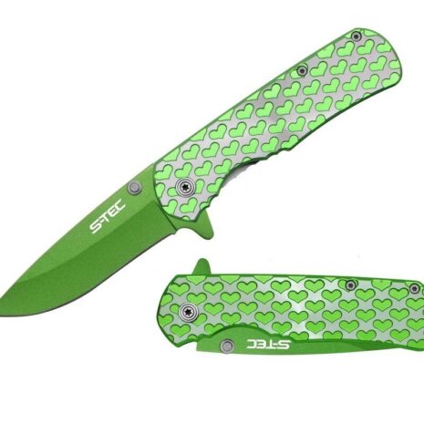 8″ Spring Assisted Folding Knife Silver Handle with Green Heart -T271406GN