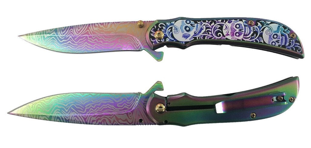 8.25″ Stainless Steel Assisted Folding Knife w/ Skull Design – Rainbow - T271708COL