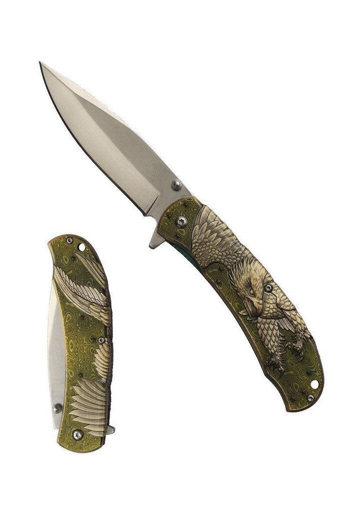 8″ Stainless Steel Assisted Folding Knife w/ 3D Eagle Engrave-Gold- - T277290GD