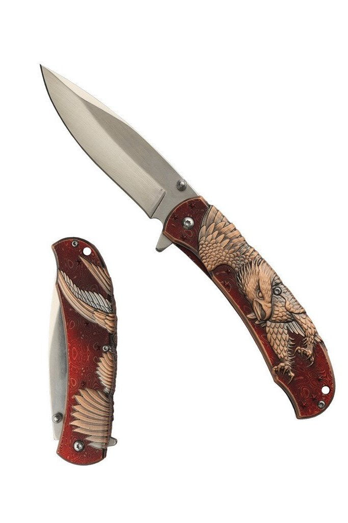 8″ Stainless Steel Assisted Folding Knife w/ 3D Eagle Engrave-Red Bronze - T277290RD