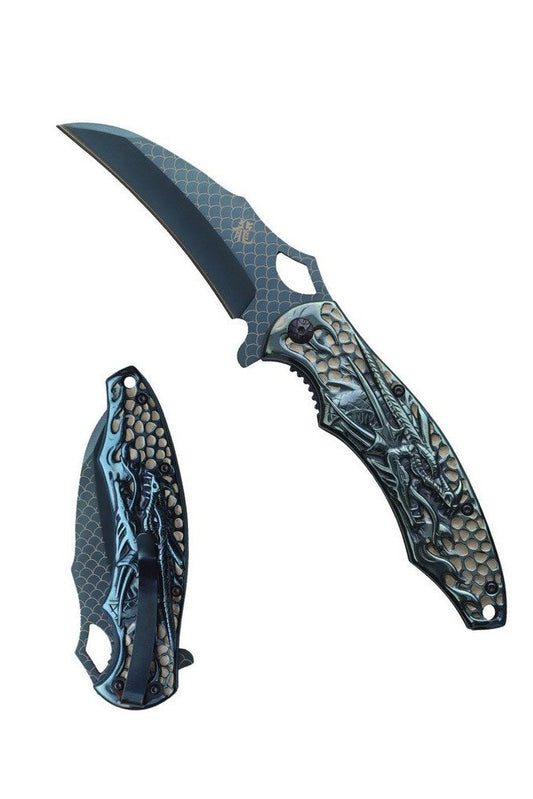 8″ Coated Stainless Steel Assisted Folding Knife w/ 3D Dragon – Blue – T277291BL