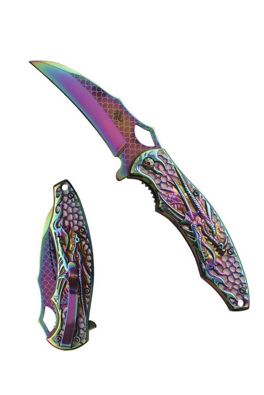 8″ Coated Stainless Steel Assisted Folding Knife w/ 3D Dragon – Rainbow – T277291COL