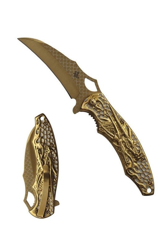 8″ Coated Stainless Steel Assisted Folding Knife w/ 3D Dragon – Gold – T277291GD