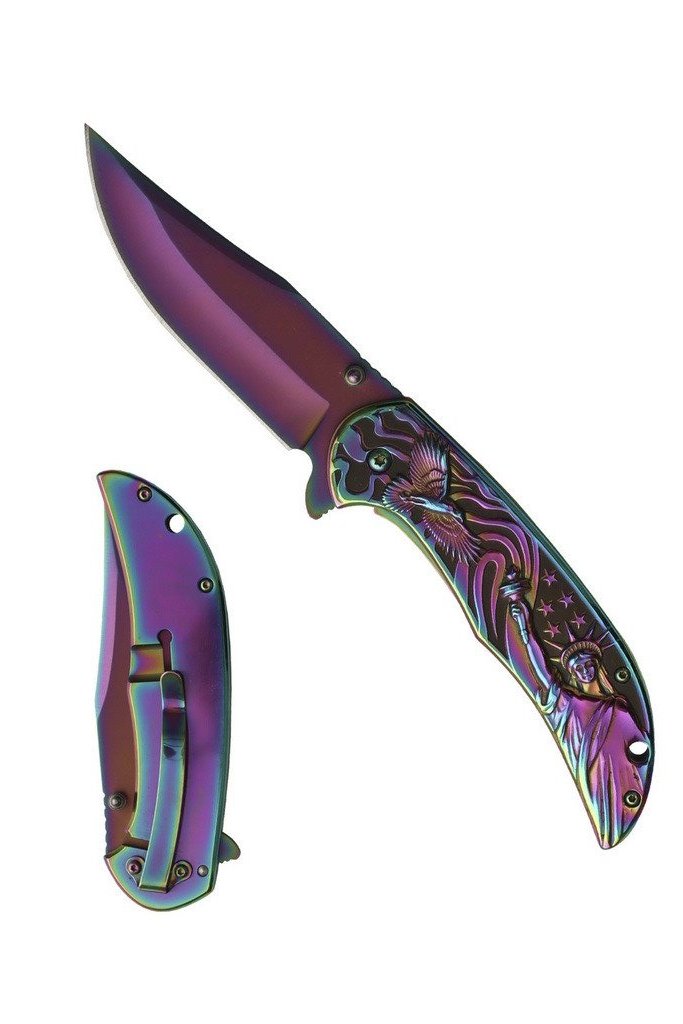 8.5″ Coated Stainless Steel Assisted Folding Knife w/ 3D Lady Liberty & Eagle – Rainbow – T277292COL