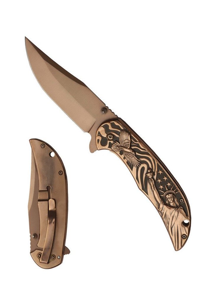 8.5″ Coated Stainless Steel Assisted Folding Knife w/ 3D Lady Liberty & Eagle – Gold – T277292GD