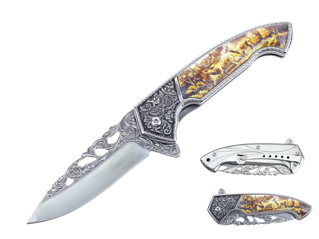 8.25″ Stainless Steel Folding Knife w/ Engrave HDL – Deer - T27801DR