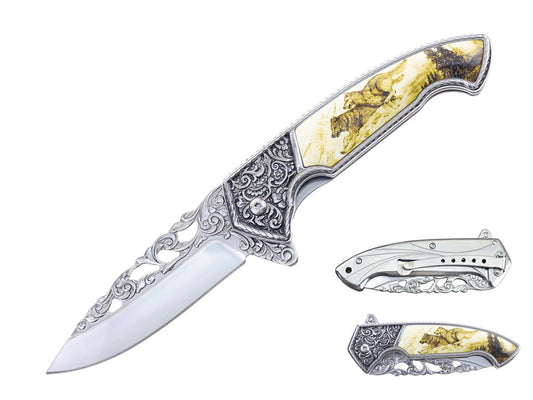 8.25″ Stainless Steel Folding Knife w/ Engrave HDL – Wolf - T27801WF