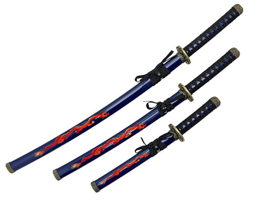 3 pcs Samurai Sword Set with Black plastic scabbard - T60084BL