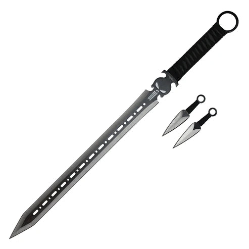 27" Black Skull Ninja Sword Steel Sword Set with 2 Throwing Knives- K1020-40-BK