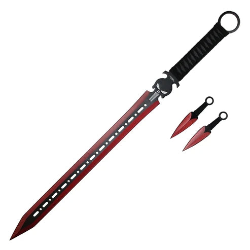27" Red Skull Ninja Sword Steel Sword Set with 2 Throwing Knives- K1020-40-RD