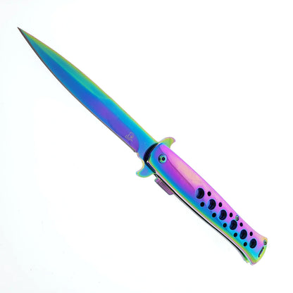 Falcon 9" Overall Metal Spring Assisted Knife With Rainbow Coating - KS1109RB