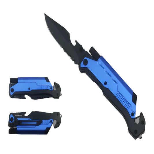 8 1/2" Spring Assisted Black Knife Blue metal handle with LED light, cutter, glass breaker - KS1339BL