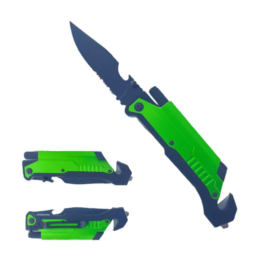 8 1/2" Spring Assisted Black Knife Green metal handle with LED light, cutter, glass breaker - KS1339GN