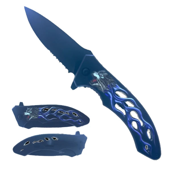 7 1/4" Spring Assisted Knife Blue Flame Wolf - KS1648-3