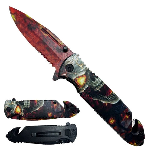 7.75" Semi Automatic Spring Assisted Knife Fire Skull Design - KS1820SK
