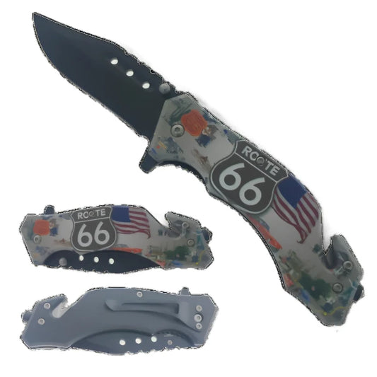 Falcon 7.75" Route 66 Spring Assisted Pocket Knife w/Seatbelt cutter and Glass Breaker - KS31309-3