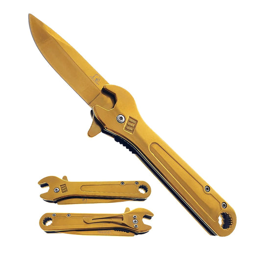 Falcon 7.5" Gold Spring Assisted Knife with 9mm/12mm Gauge Wrench Function - KS34248GD