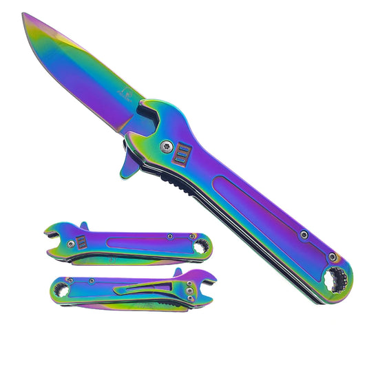 Falcon 7.5" Rainbow Spring Assisted Knife with 9mm/ 12mm Gauge Wrench Function - KS34248RB