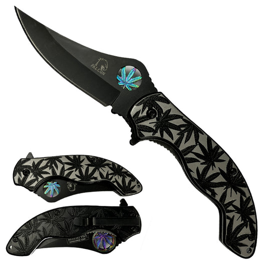 Falcon 7.5" Spring Assisted Knife w/ Black ABS Marijuana Design - KS3601BK