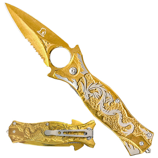 Falcon 7.75" Gold Spring Assisted Knife w/Belt Clip ABS 3D Silver Dragon - KS36101GD