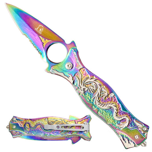 Falcon 7.75" Rainbow Spring Assisted Knife w/Belt Clip ABS 3D Silver Dragon - KS36101RB