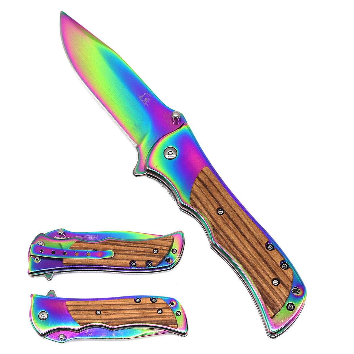 Falcon 7.75" Spring Assisted Rainbow Knife Steel Handle w/ Rainbow and Wood - KS3868RBZ