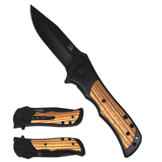 Falcon 7.75" Spring Assisted Black Knife Steel Handle w/Zebra Wood - KS3868BKZ