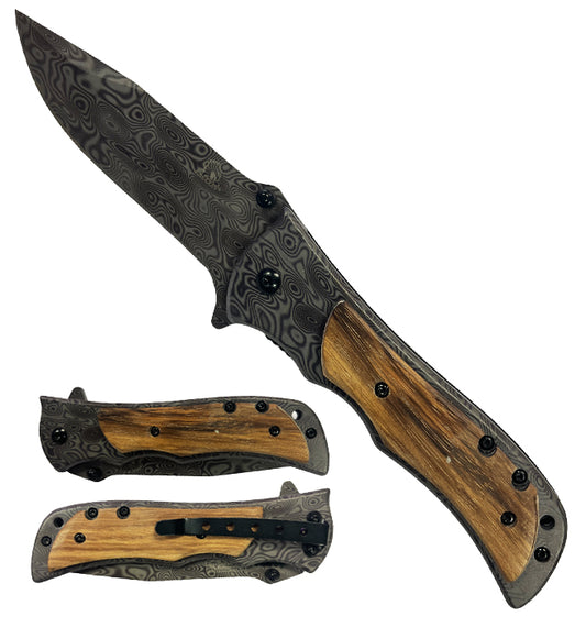 Falcon 7.75" Spring Assisted 3D Damascus Blade with Zebra Wood Handle - KS3868DMZ