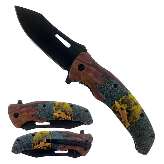 8 1/2" Spring Assisted Knife Plastic Wood Handle w Bear - KS6309BR