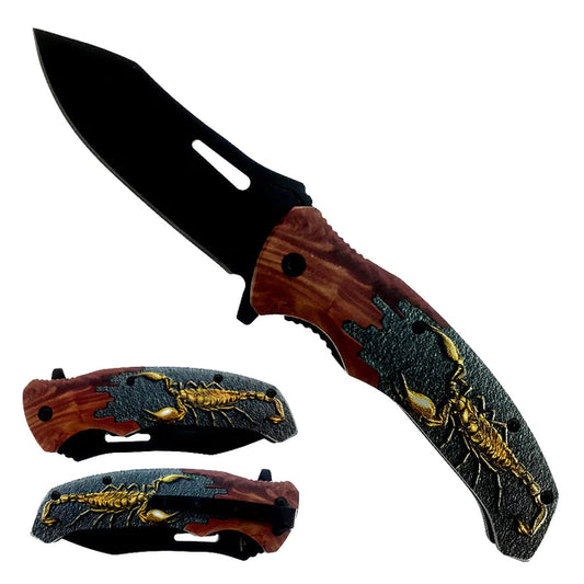 8 1/2" Spring Assisted Knife Plastic Wood Handle w Scorpion - KS6309SC