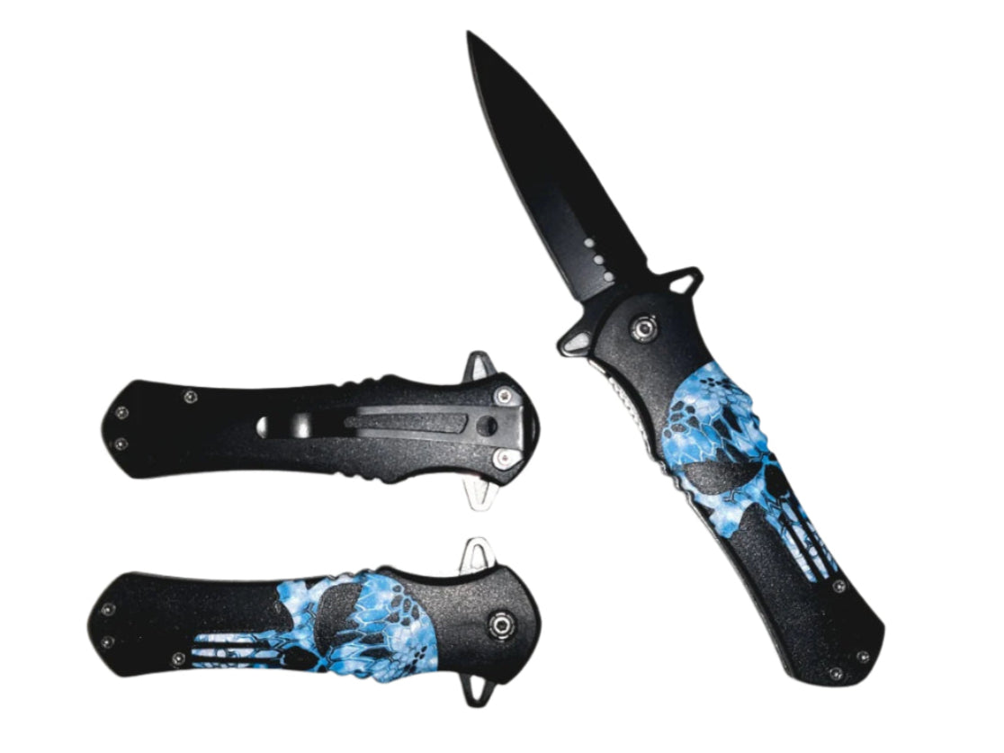 8" Overall Spring Assisted Pocket Knife / Double Edge Blade / 4.5" ABS Black with Skull Print Handle - KS1511SK