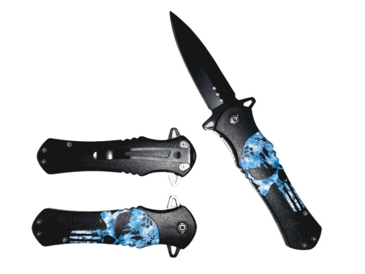 8" Overall Spring Assisted Pocket Knife / Double Edge Blade / 4.5" ABS Black with Skull Print Handle - KS1511SK
