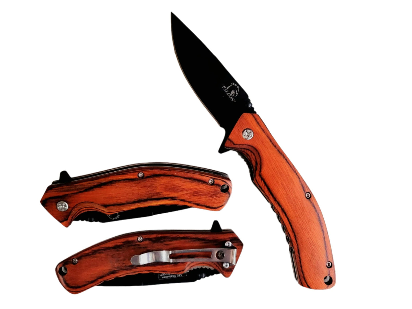 7.5" Falcon Black and Wooden Handle Spring Assisted Pocket Knife - KS4001BWD