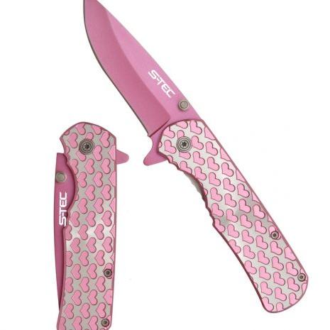 8″ Spring Assisted Folding Knife Silver Handle with Pink Heart -T271406PN