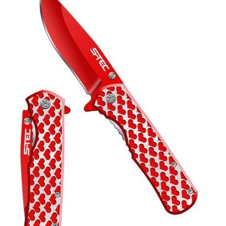 8″ Spring Assisted Folding Knife Silver Handle with Red Hearts -T271406RD