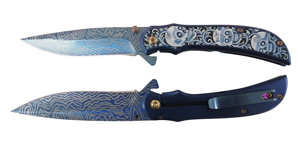 8.25″ Stainless Steel Assisted Folding Knife w/ Skull Design – Blue - T271708BL