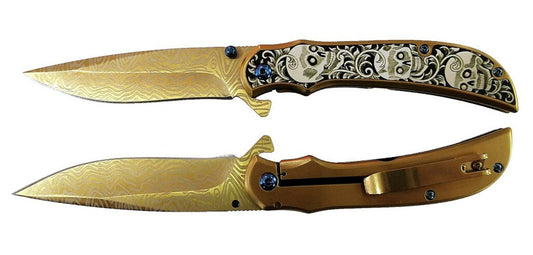 8.25″ Stainless Steel Assisted Folding Knife w/ Skull Design – Gold - T271708GD