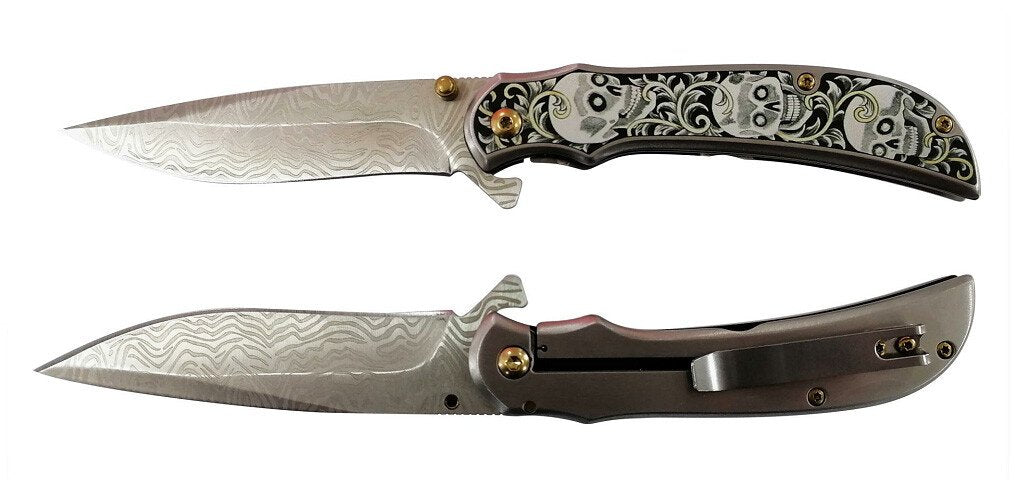 8.25″ Stainless Steel Assisted Folding Knife w/ Skull Design – Gunmetal - T271708SL