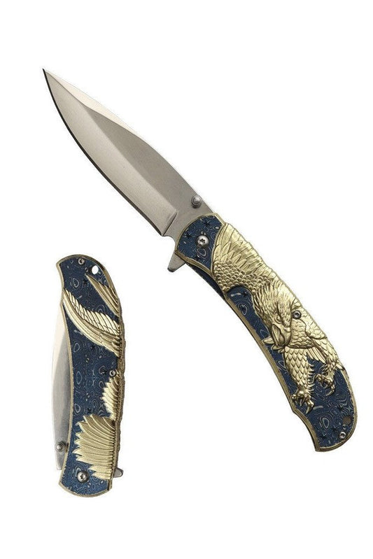 8″ Stainless Steel Assisted Folding Knife w/ 3D Eagle Engrave-Blue - T277290BL