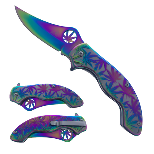 Falcon 7.5" Spring Assisted Knife w/ Rainbow ABS Marijuana Design - KS3601RB